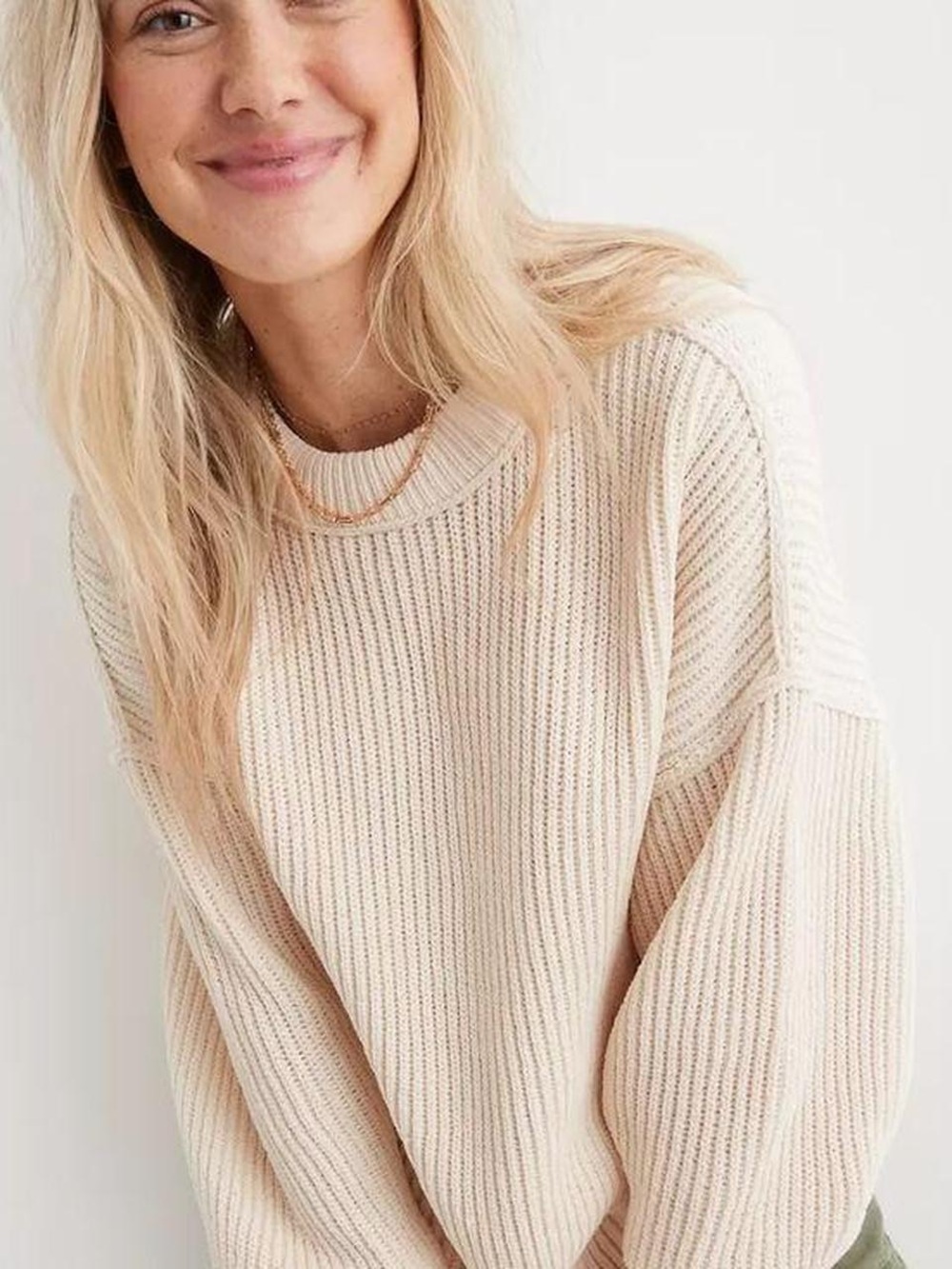 Aerie Cream Chunky Ribbed Slit Side Oversized Sweater S - GUC